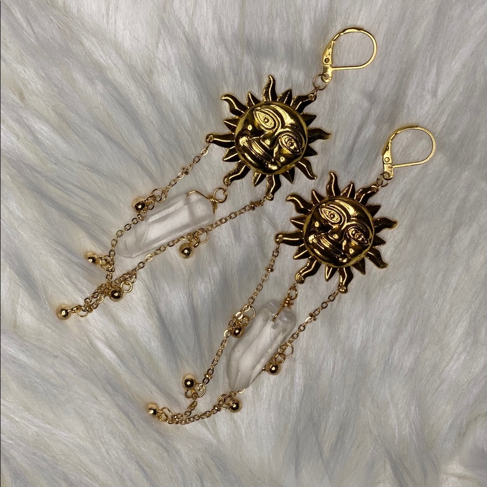 Gold sun clear quartz drop earrings